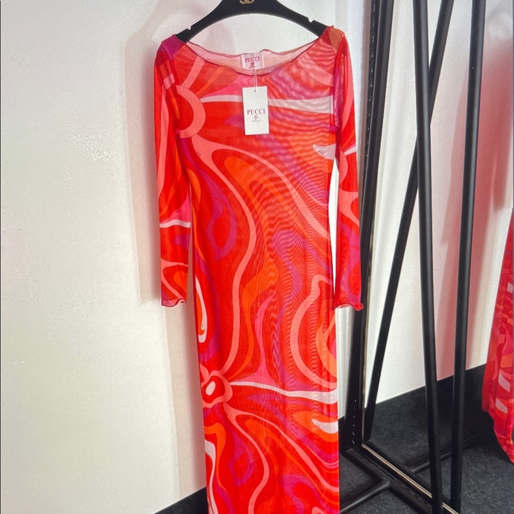Emilio Pucci Red Pink Orange Swirl Long Sleeve Maxi Dress